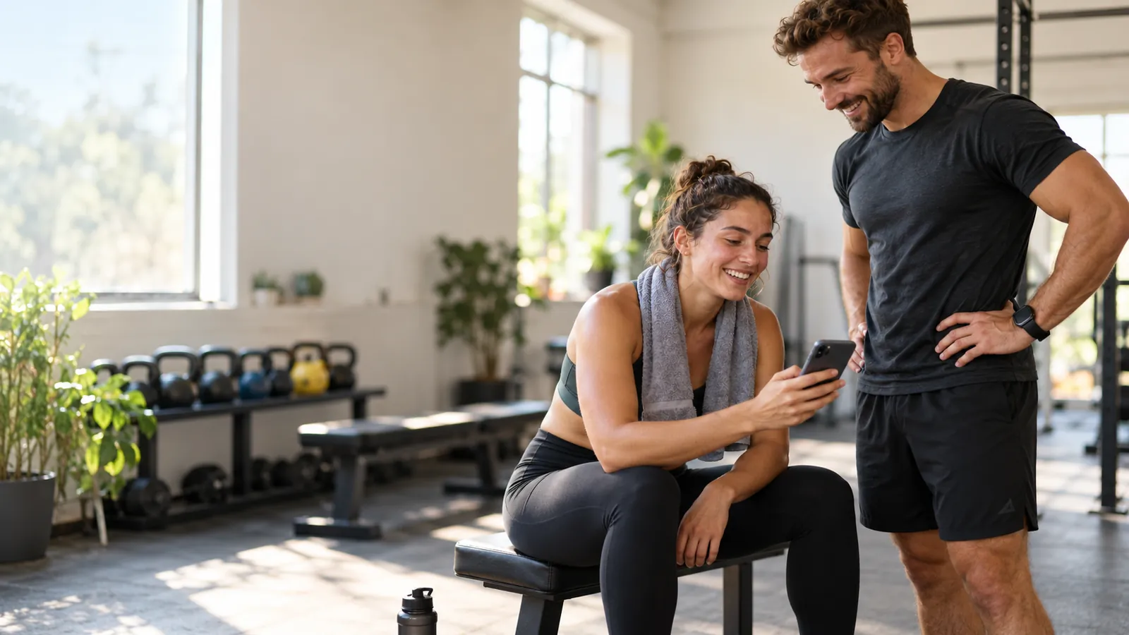 A smiling personal trainer stands beside a client sitting on a bench in a bright gym studio while she checks her phone