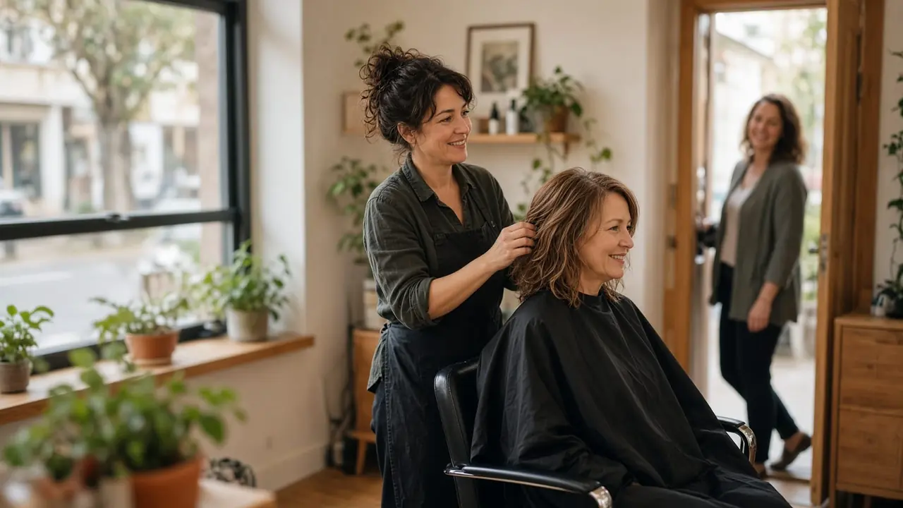 A stylist mid-work with a seated client while another customer steps in through the open door