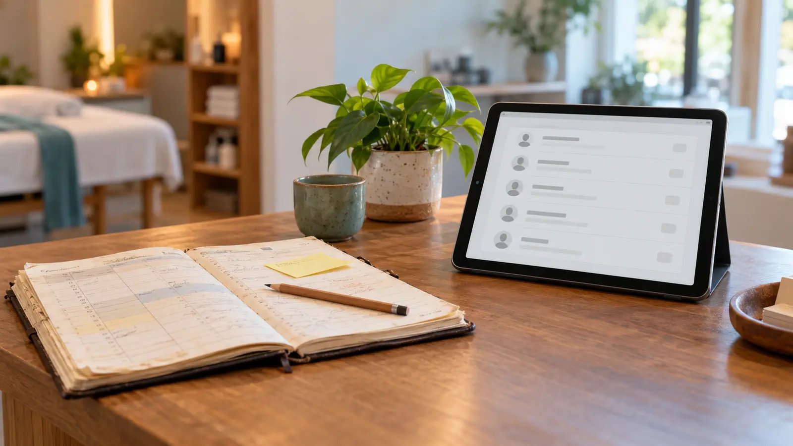 Un agenda papier usé posé à côté d’une tablette affichant une liste de clients bien rangée, sur un comptoir d’accueil ordonné