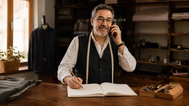 Un croitor în vârstă vorbind la telefon în timp ce scrie într-un carnet de notițe pe hârtie, la biroul din atelierul său